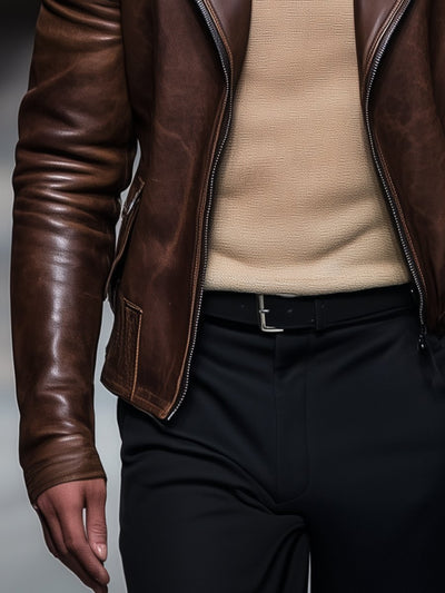 Vintage Lapel Leather Motorcycle Jacket
