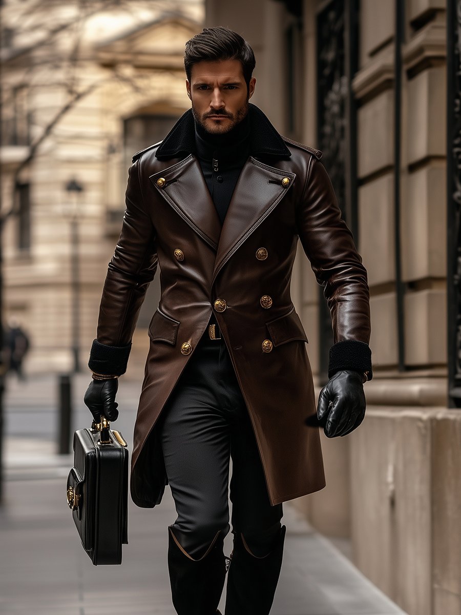 Business Vintage Leather Double Breasted Overcoat