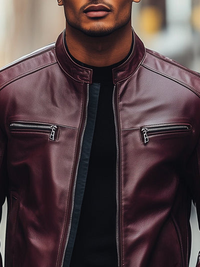 Men's Stylish Stand Collar Zippered Leather Motorcycle Jacket