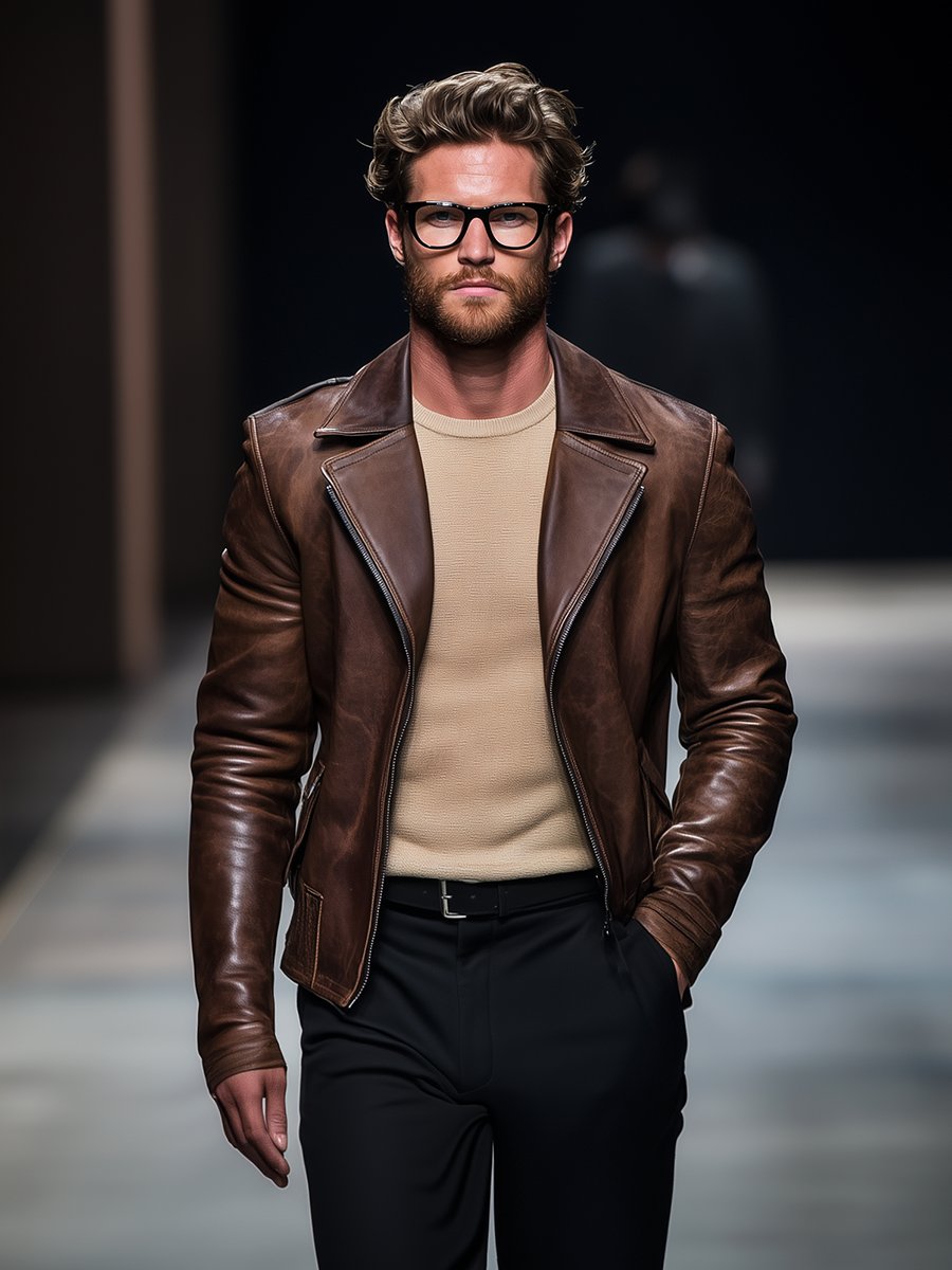 Vintage Lapel Leather Motorcycle Jacket