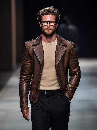 Vintage Lapel Leather Motorcycle Jacket